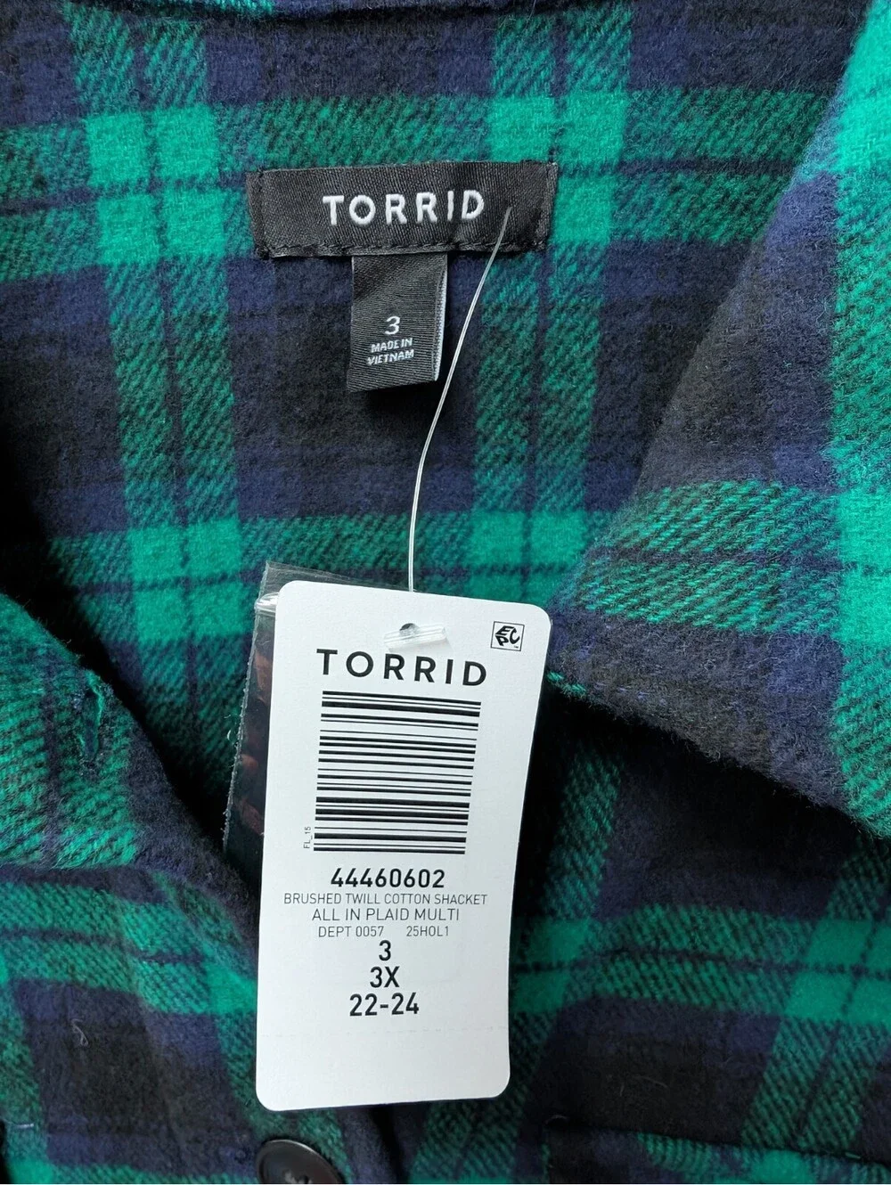 NWT Torrid Brushed Twill Plaid 100% Cotton Shacket Pockets Green Size 3X 22-24